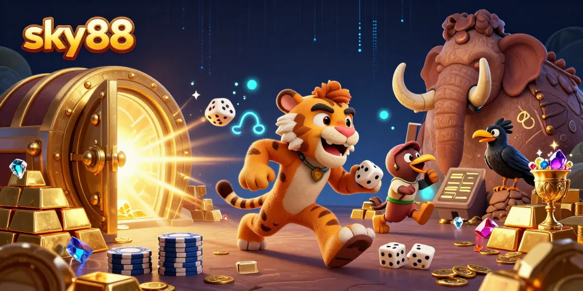 Experience thrill and excitement at sky88 with a vibrant, prehistoric casino scene filled with treasures.