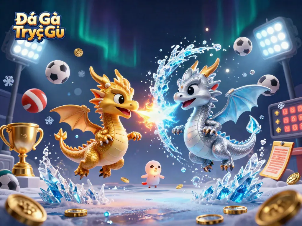 Engage in Đá Gà Trực Tiếp with twin cartoon dragons battling in a vibrant, immersive 3D scene.
