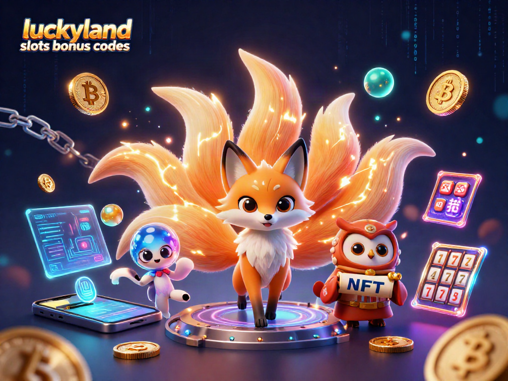 Engage with luckyland slots bonus codes in an enchanting scene of a nine-tailed fox and an owl amidst vibrant casino imagery.