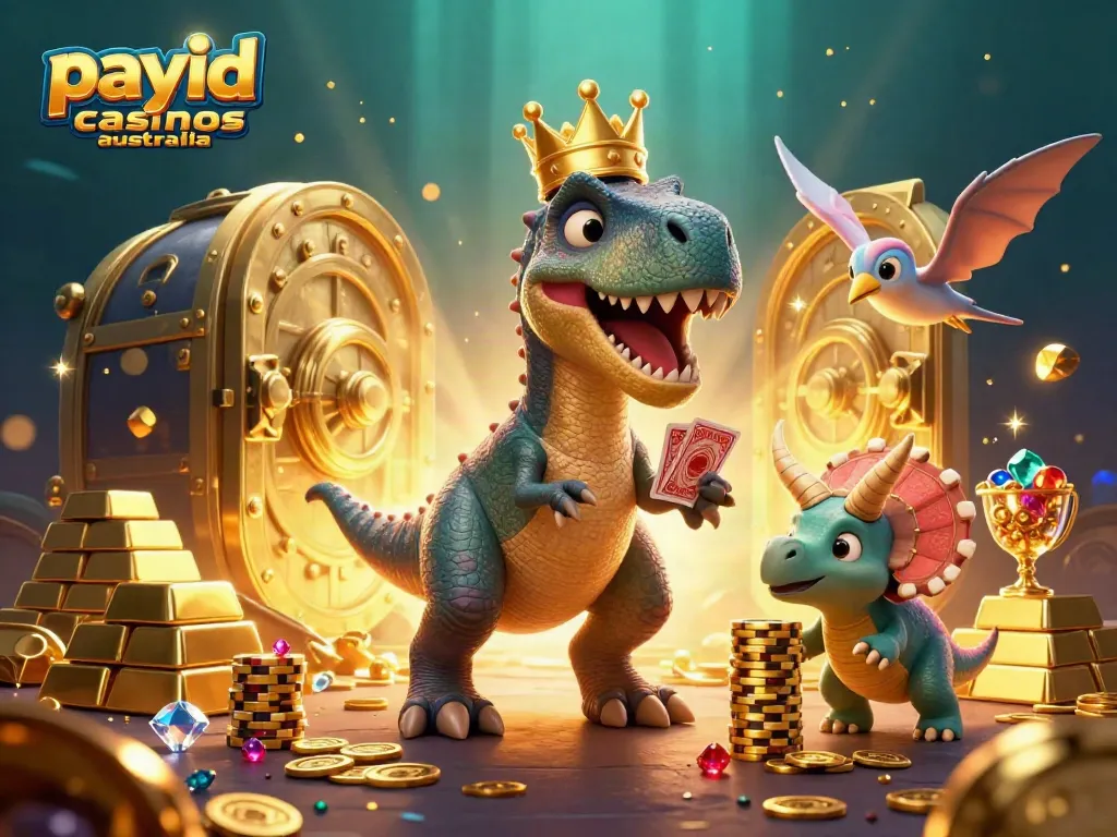 Experience the excitement at payid casinos australia with a 3D T-Rex playing cards and vibrant casino elements.
