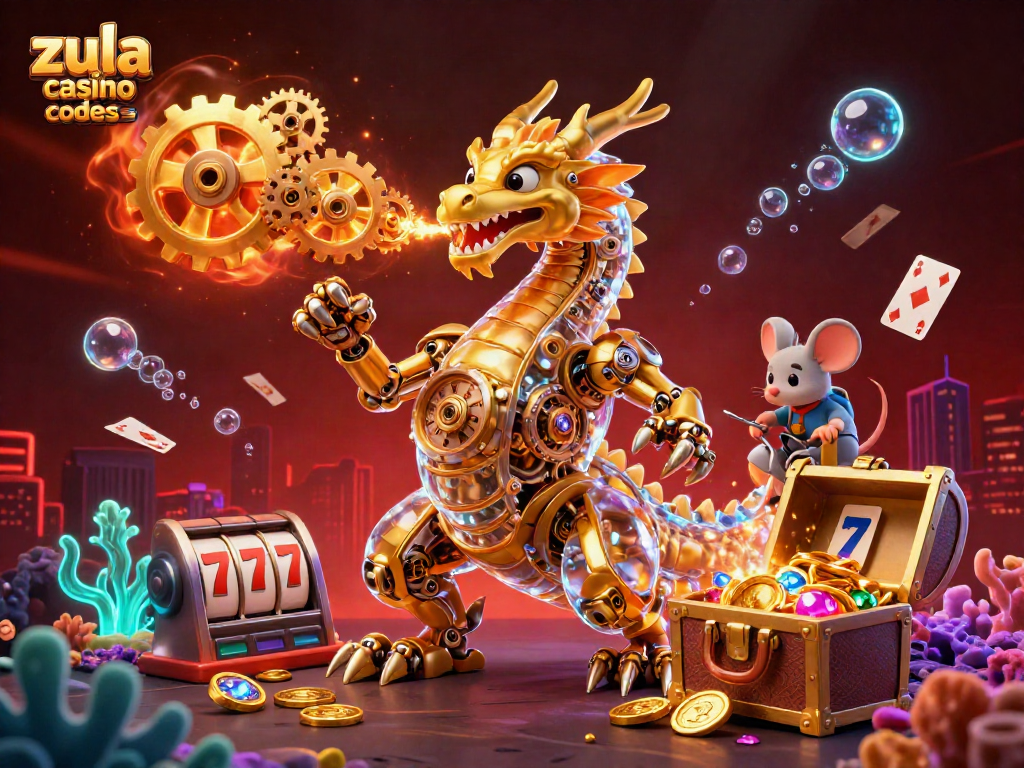 Zula Casino Bonus Codes featuring a golden dragon and lively game elements in a dynamic casino scene.