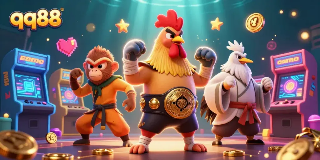 Engage in thrilling casino action with qq88 featuring Muay Thai rooster and martial arts characters.
