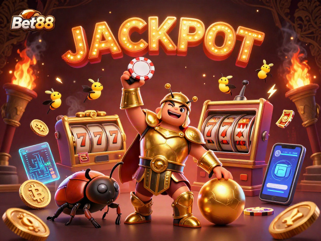 Bet88 ignites the casino thrill with vibrant characters and jackpot action in an electrifying scene.