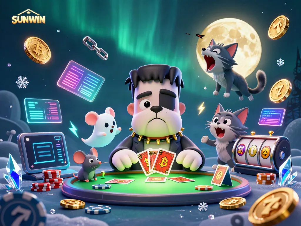 Engage with SUNWIN as a cartoon bulldog dealer at an exciting casino table.