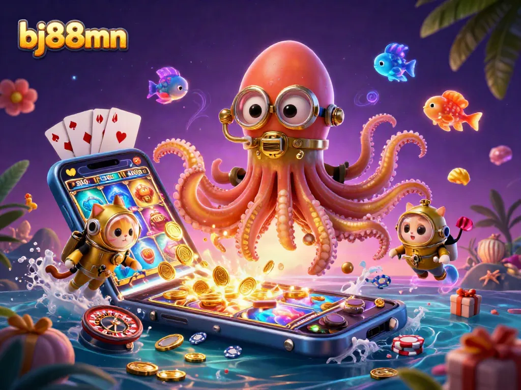 Engage in exhilarating gaming adventures at bj88mn, featuring a colossal kraken and vibrant casino elements.