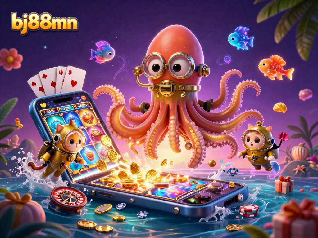 Engage in exhilarating gaming adventures at bj88mn, featuring a colossal kraken and vibrant casino elements.