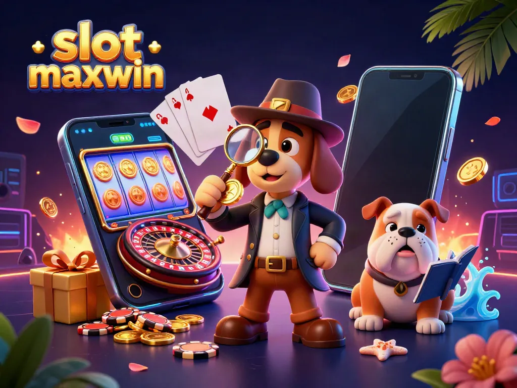 Experience the excitement of slot maxwin with cartoon detectives solving poker chip clues amidst dynamic slot game elements.