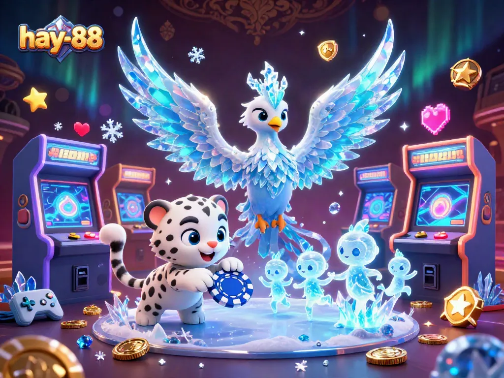 Experience the vibrant fun at hay-88 with a magical ice phoenix and poker-themed wonderland.