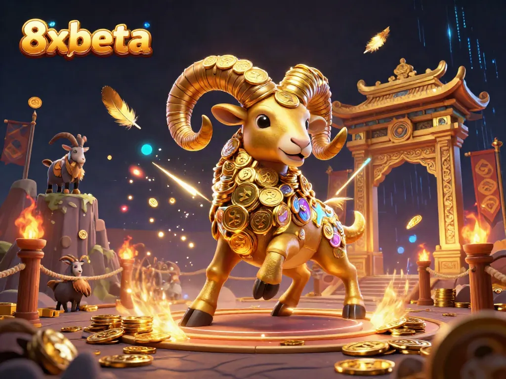 Experience the thrill of 8xbeta with the golden ram charging through a vibrant casino scene.