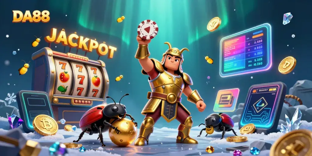 Celebrate winning at DA88 with a 3D illustration featuring a victorious beetle and dynamic gaming elements.