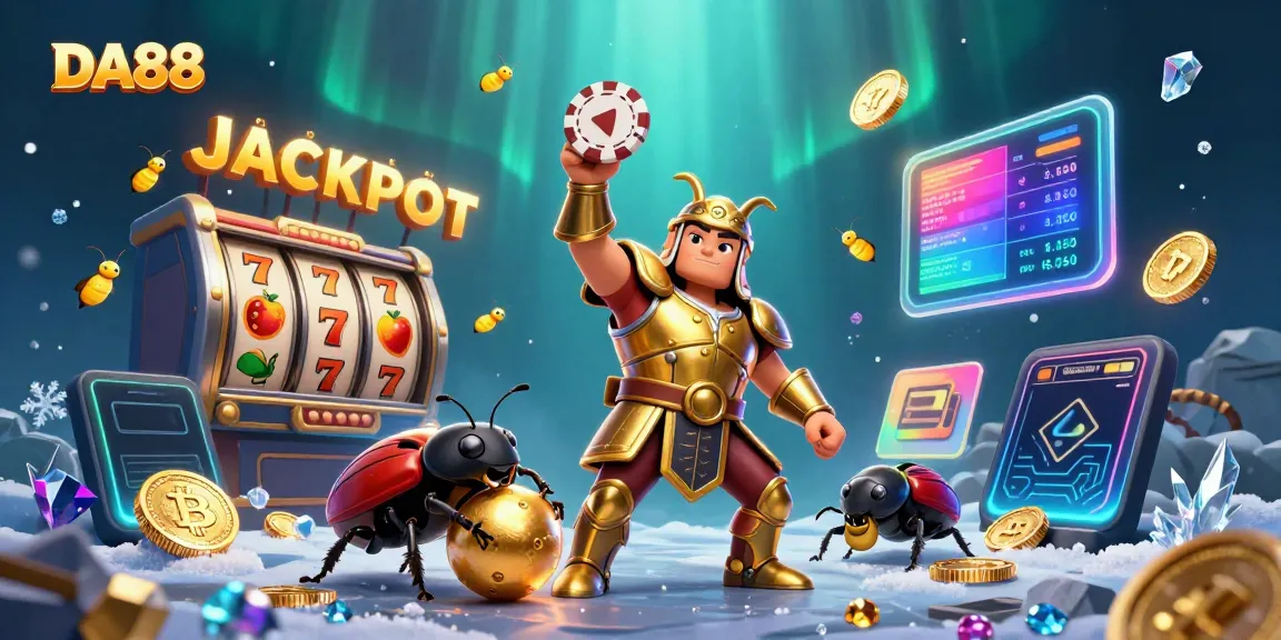 Celebrate winning at DA88 with a 3D illustration featuring a victorious beetle and dynamic gaming elements.