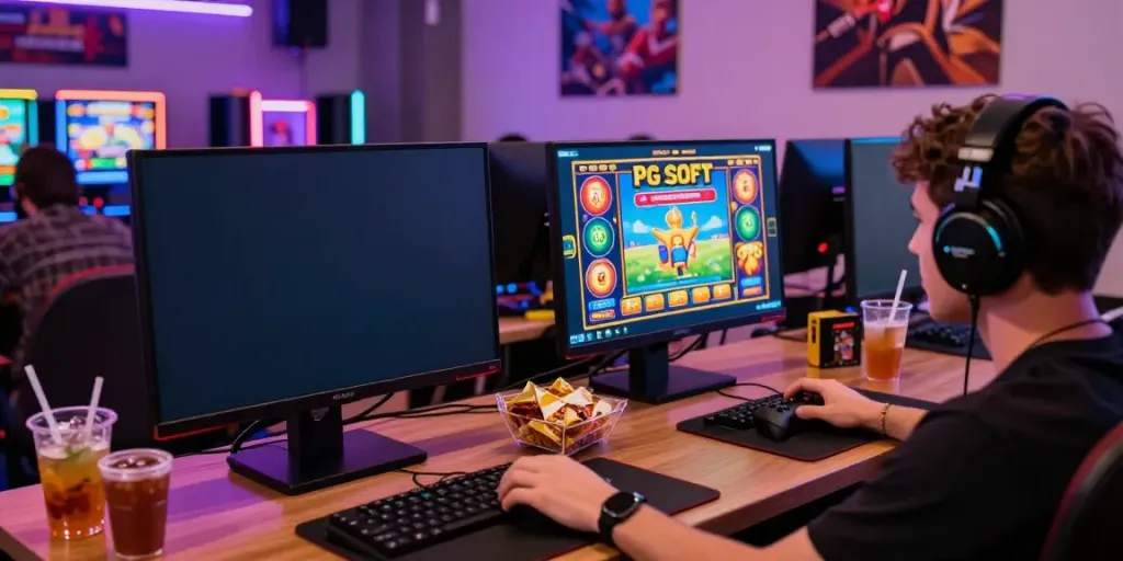 Engaged player enjoying a vibrant slot gacor gaming experience with colorful screens and snacks.