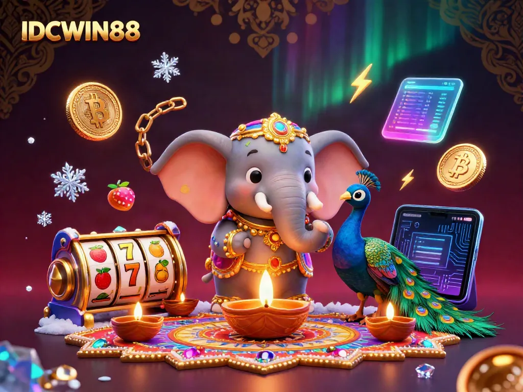 Play slots at IDCWIN88 with vibrant graphics, key gaming elements, and colorful 3D decorations enhancing the casino experience.