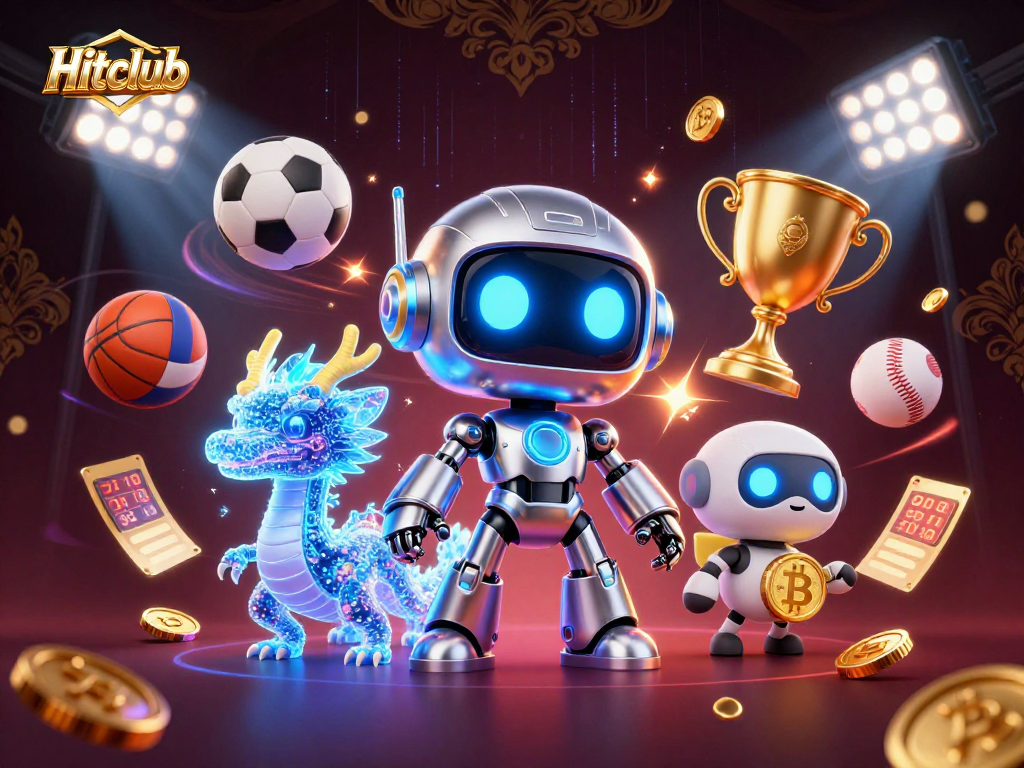 Hitclub robot mascot and AI dragon showcase vibrant sports betting action with dynamic elements.