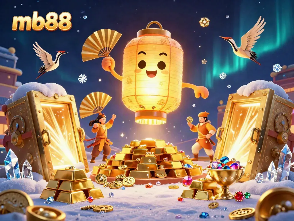 Experience the excitement of mb88's online casino with a colorful 3D golden lantern spirit and treasure.