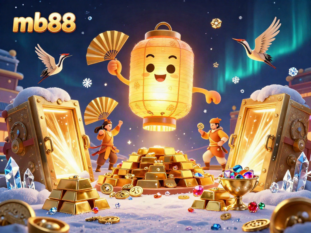 Experience the excitement of mb88's online casino with a colorful 3D golden lantern spirit and treasure.