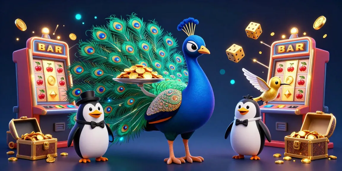 Experience the excitement of ดูหนังHD with this vibrant 3D casino scene featuring a peacock, a butler penguin, and a hummingbird surrounded by dynamic gambling elements.