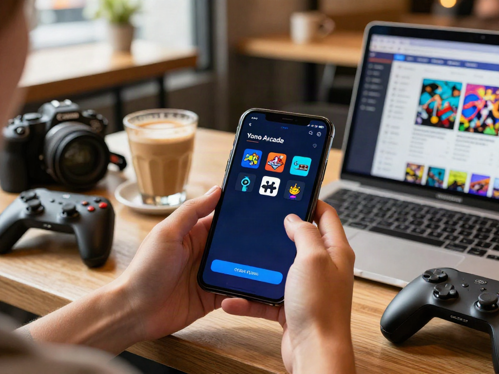 Player exploring the Yono Arcade app in a cozy café with vibrant gaming elements.