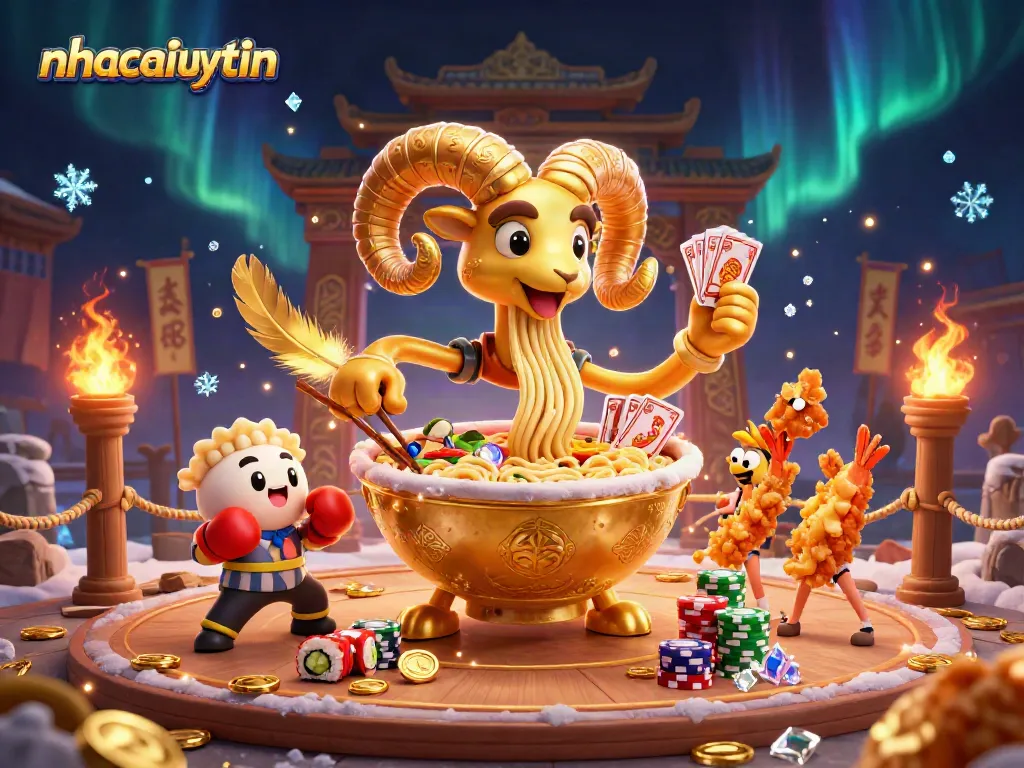 Engage with nhacaiuytin's vibrant casino scene featuring a golden ramen bowl dealer and cheerleader characters.