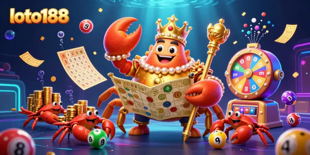 Engaging loto188 scene with a golden crab emperor, lottery balls, and vibrant casino elements.