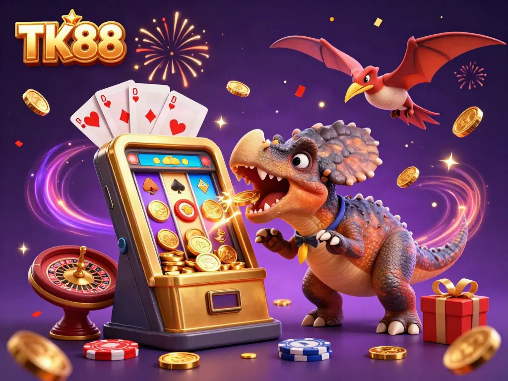 TK88 triggers jackpot wins in a vivid 3D casino scene featuring dynamic characters and colorful elements.
