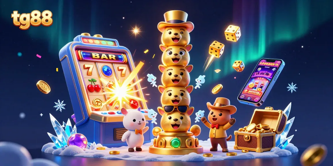 Experience thrilling jackpots at tg88 with a vibrant 3D casino illustration featuring games and gold coins.