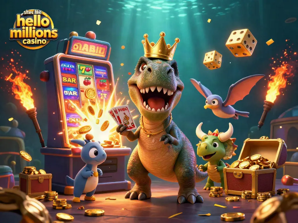Experience exciting gameplay at sites like Hello Millions Casino with a vibrant and entertaining scene of animated dinosaurs playing cards.