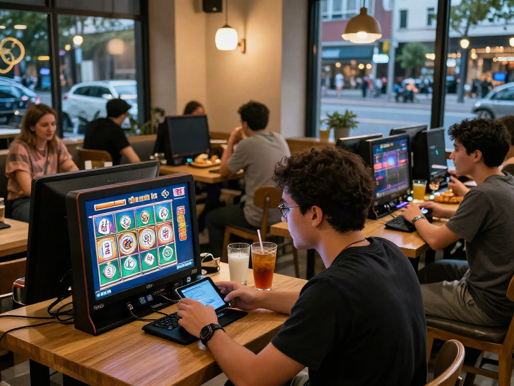 luxury12 gaming experience in a vibrant cafe with friends enjoying slots