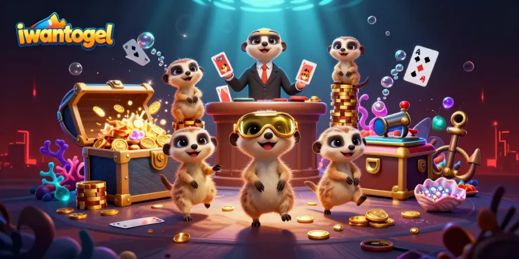 Gambarkan suasana kasino dengan iwantogel, koloni meerkat beraksi dalam permainan chip yang menarik.