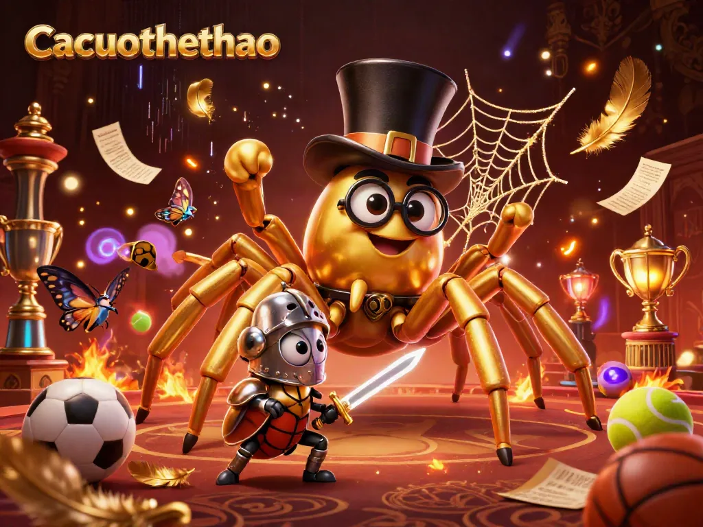 Cacuocthethao sports betting scene featuring a golden tarantula and a beetle knight among vibrant game elements.