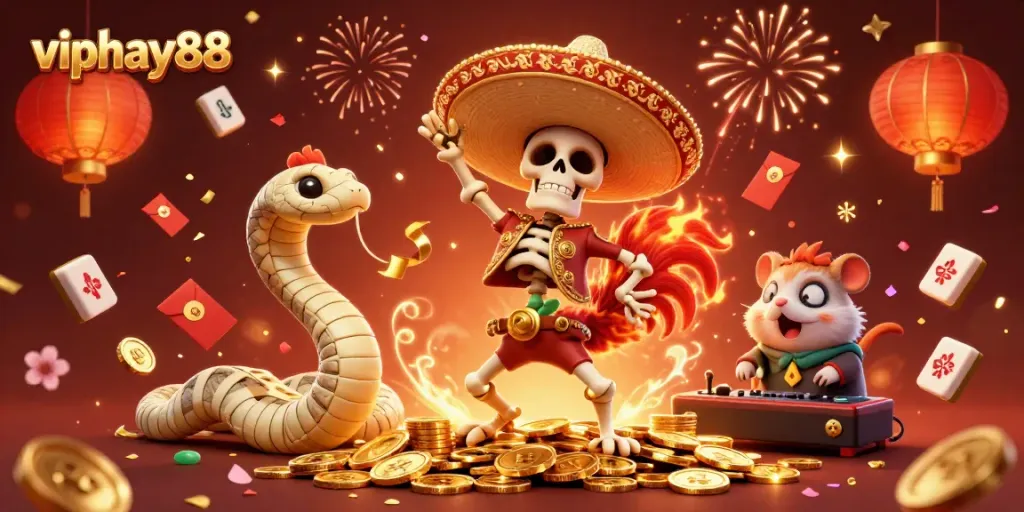 Experience the excitement of viphay88 with a festive 3D illustration of a mariachi rooster dancing, enhanced by golden coins and vibrant game elements.