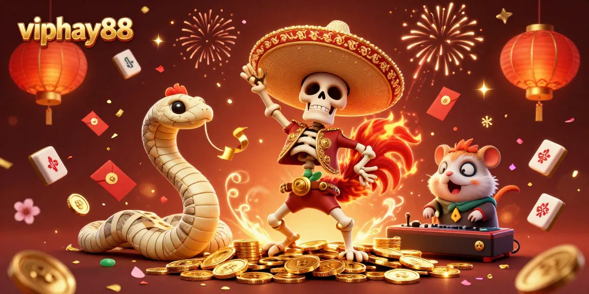 Experience the excitement of viphay88 with a festive 3D illustration of a mariachi rooster dancing, enhanced by golden coins and vibrant game elements.