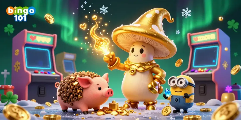 Win exciting rewards playing bingo 101 on an ultra-detailed 3D gaming scene with vibrant characters and dynamic elements.