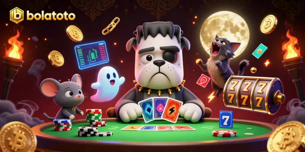 Bolatoto casino scene with a Frankenstein bulldog, ghost mouse, and werewolf kitten ready to deal cards.