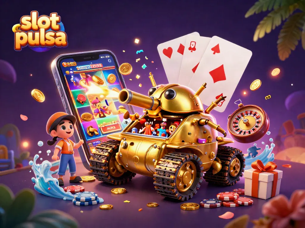 Engage in slot pulsa action with a vibrant 3D casino scene featuring a golden beetle tank and colorful game elements.