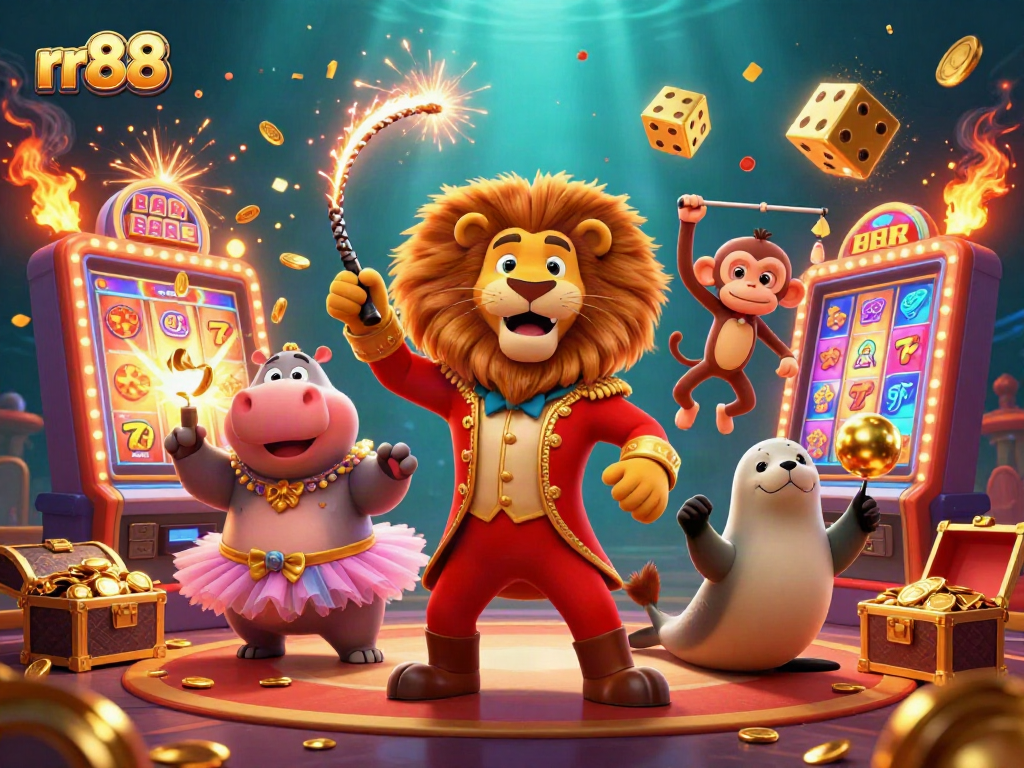rr88 casino experience with animated characters celebrating a jackpot victory surrounded by games and symbols