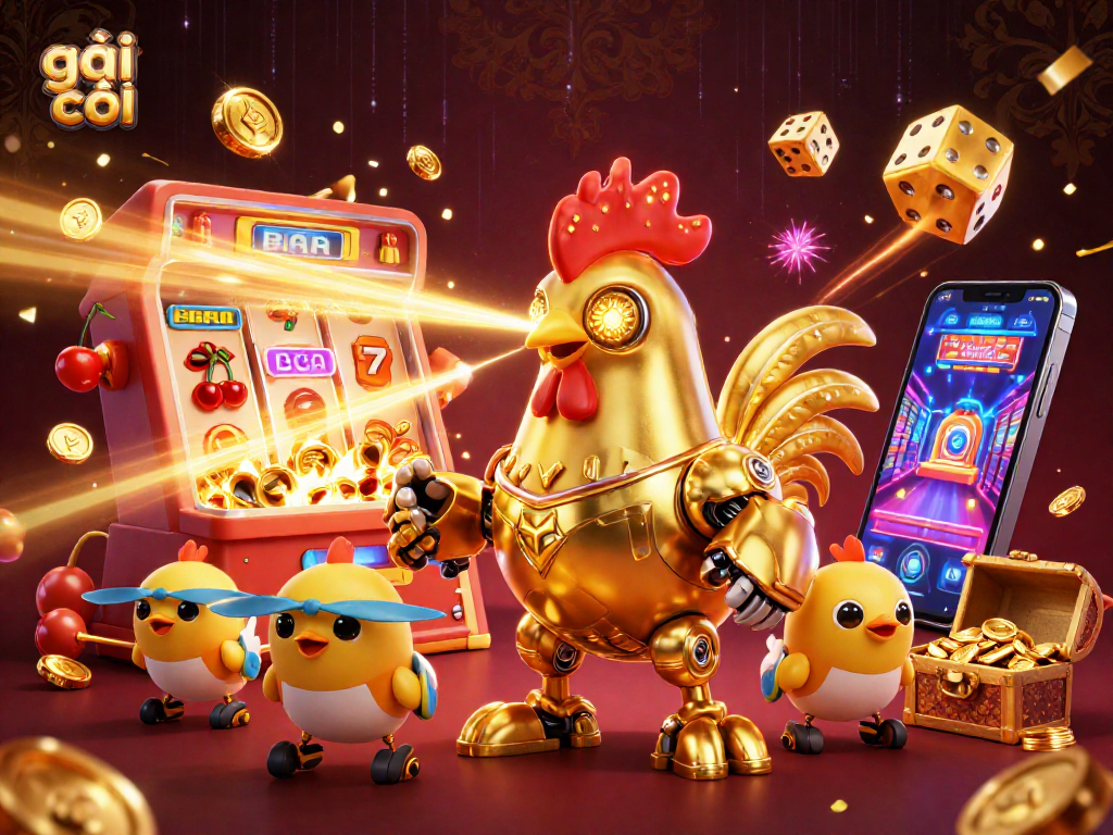 Gái gọi showcases a thrilling casino scene with a retro-futuristic rooster robot amidst jackpot excitement.