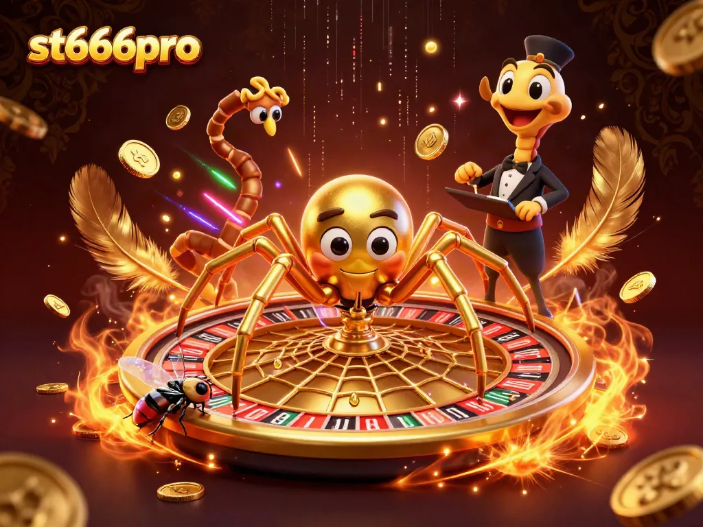 Engage in thrilling gaming at st666pro with a dazzling 3D casino illustration of a spider and fly betting at a roulette wheel.