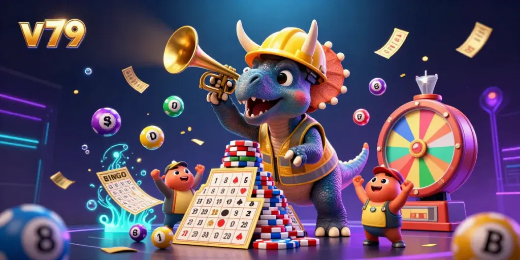 Experience vibrant gaming excitement with v 79 as cheering dinosaurs and colorful elements fill the scene.