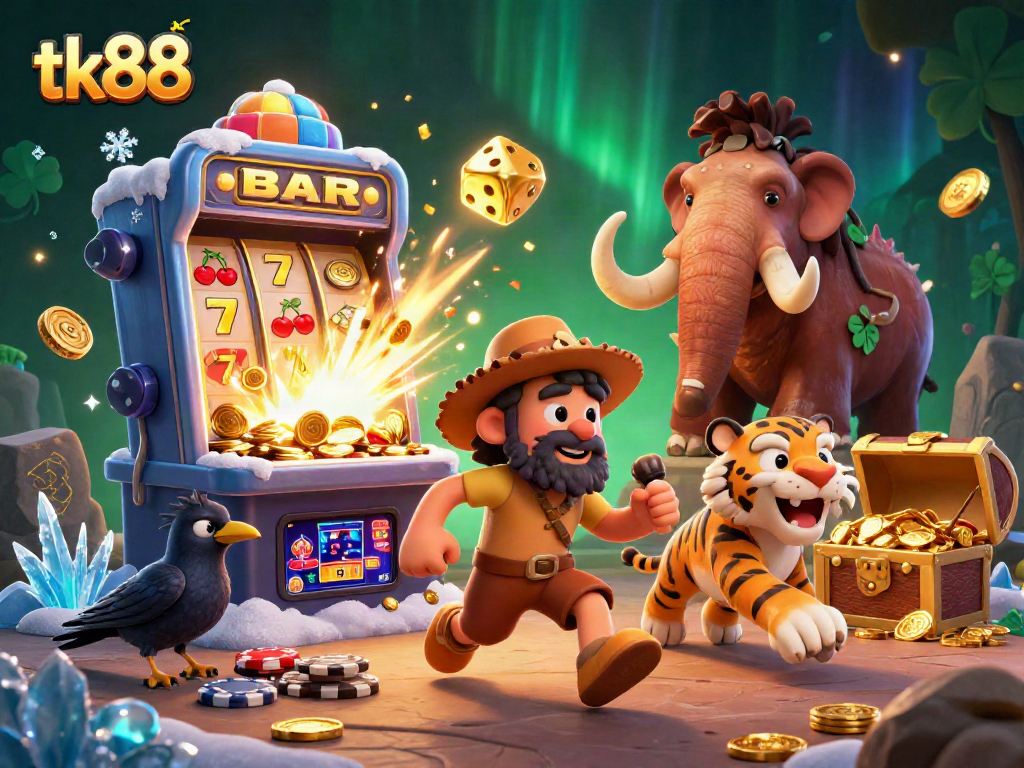 tk88 showcases a lively prehistoric casino scene with vibrant characters and dynamic gambling elements.