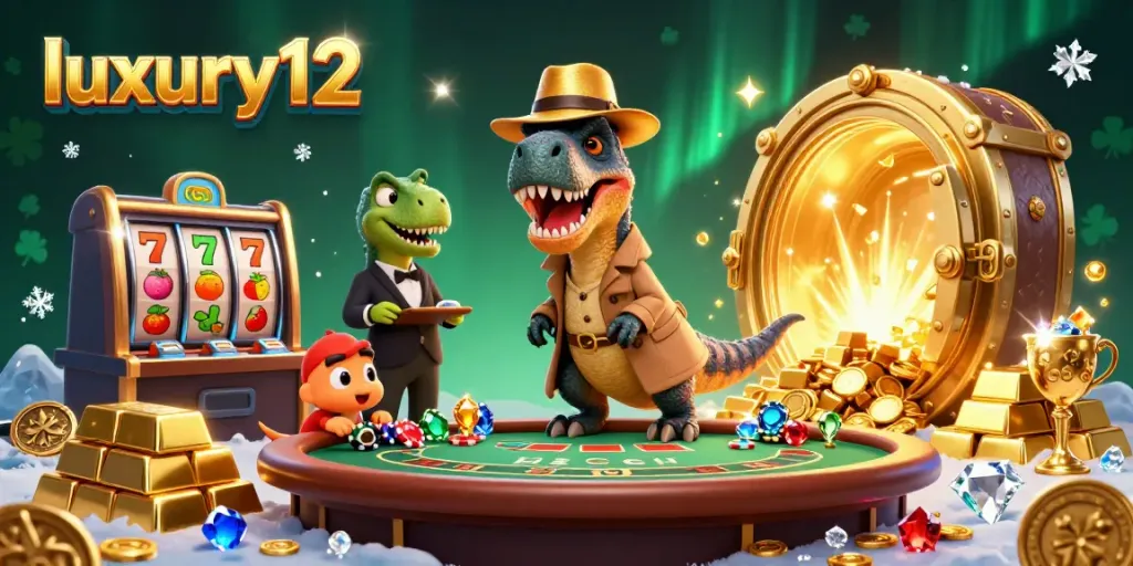 Experience luxury12 gameplay with a cartoon velociraptor at the blackjack table, surrounded by treasure.