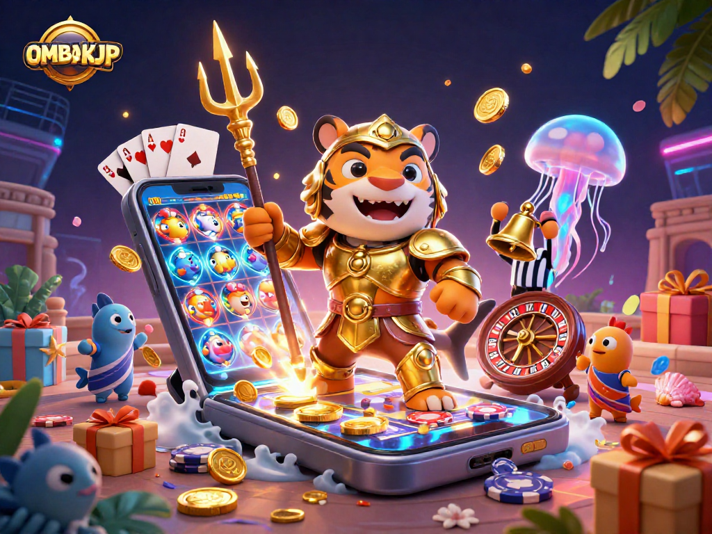 Play slots with OMBAKJP as a tiger shark gladiator entertains in an underwater colosseum.