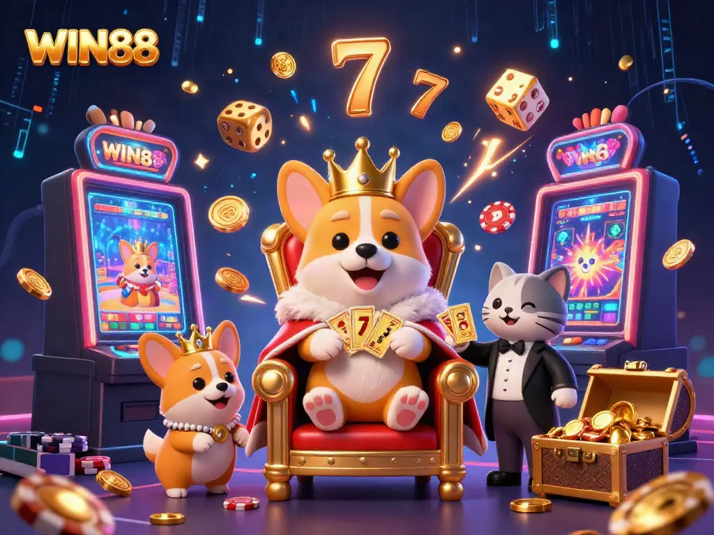 Experience the thrills of WIN88 with vibrant 3D illustrations of casino elements and characters.