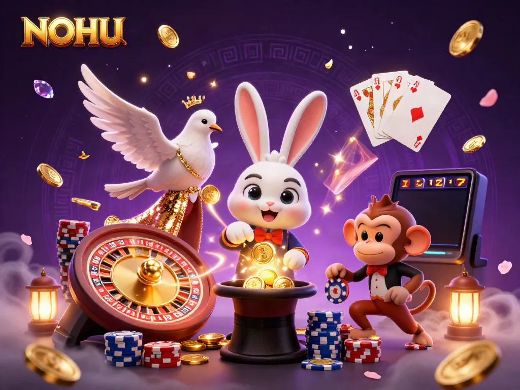 Experience the thrill of NOHU with a whimsical 3D illustration of a magician rabbit conjuring coins amid a vibrant casino setting.