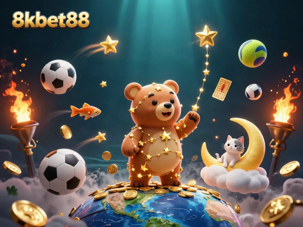 Experience the thrill of 8xbet88 with a dynamic casino scene featuring a constellation bear and sports elements.