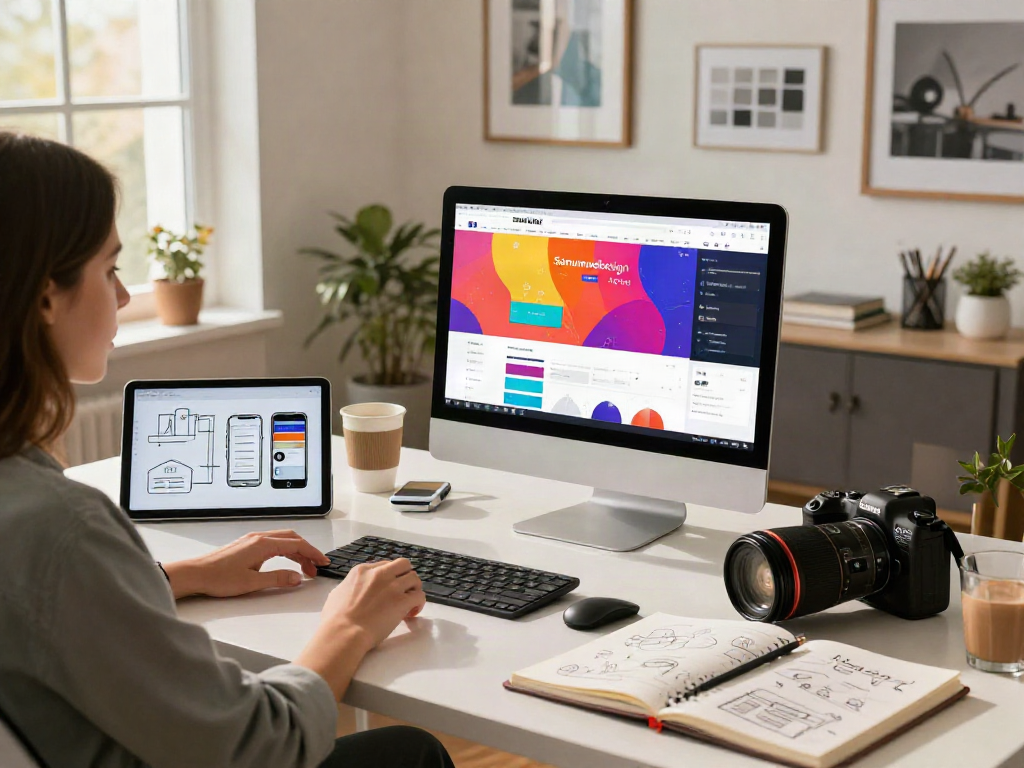 Designer at work on a Sanumwebdesign project in a bright creative studio.