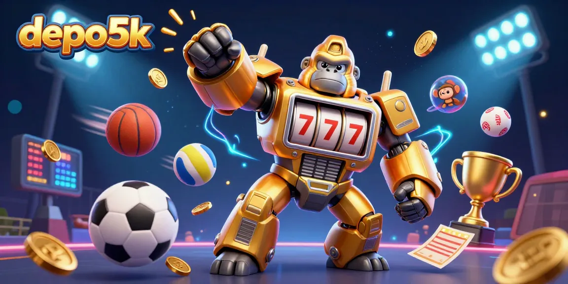 Engage with depo5k's exciting sports betting scene featuring a dynamic golden gorilla mech.