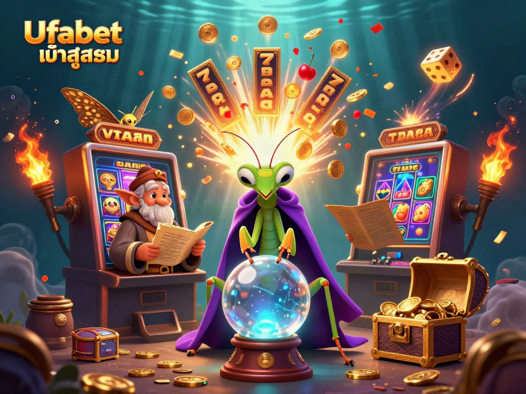 Experience Ufabet เข้าสู่ระบบ with a mystical scene showcasing a fortune teller and librarian surrounded by immersive casino elements.
