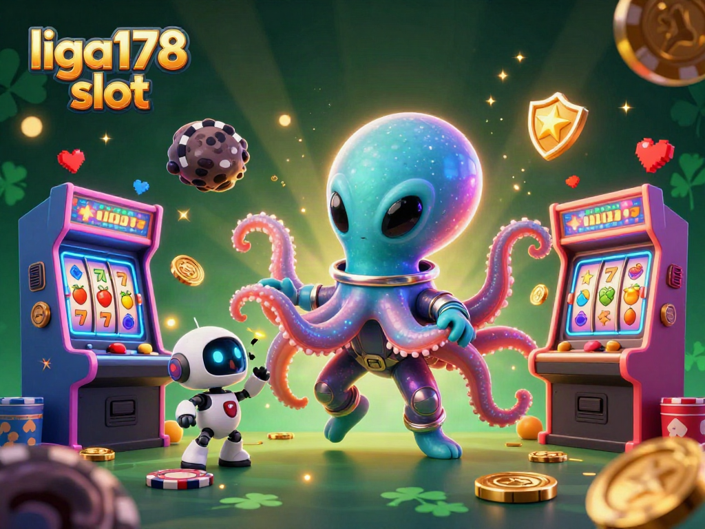 Menang besar di liga178 slot dengan alien octopus dan robot dalam suasana kasino futuristik.