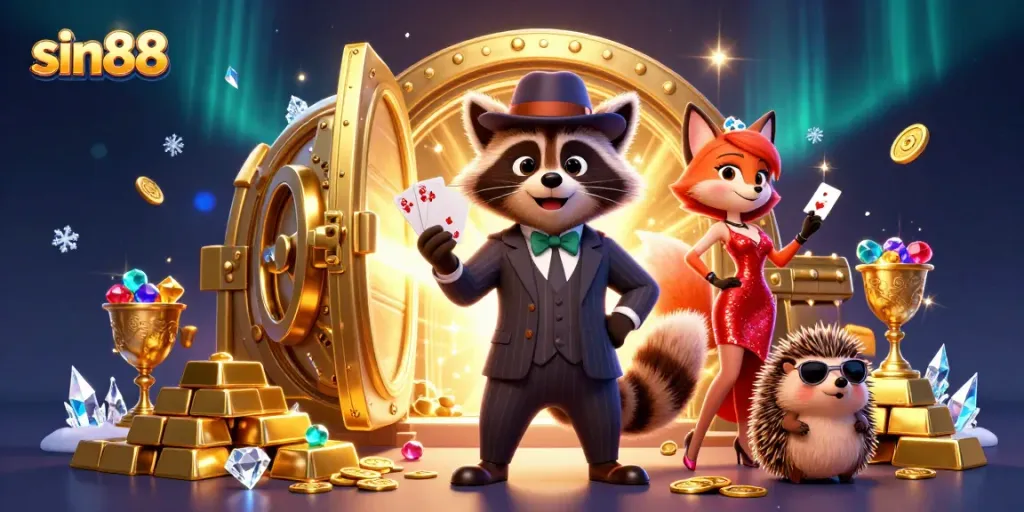 Enjoy exhilarating moments at sin88 with a raccoon gentleman showcasing a royal flush in a lavish casino setting.